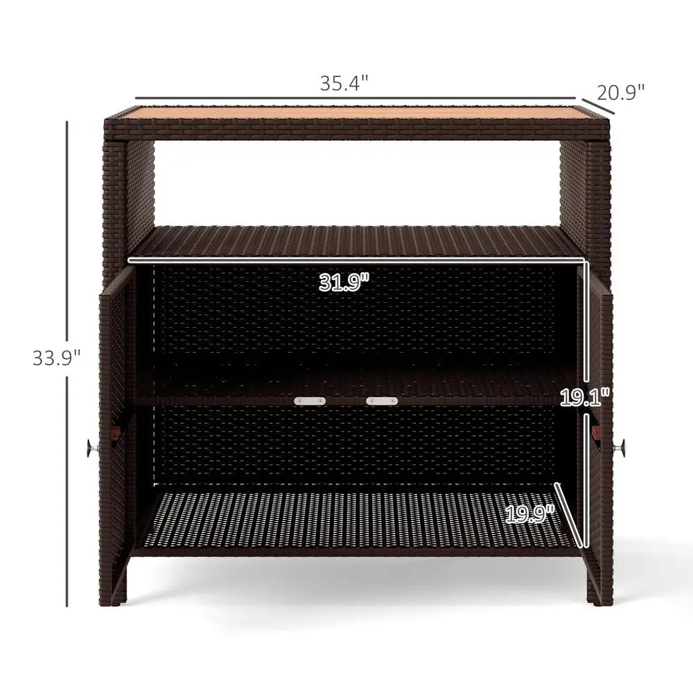 Wicker Outdoor Storage Cabinet, Rattan Bar Table with Acacia Wood Countertop, 2 Doors and Shelf, Buffet Cabinet Sideboard for P