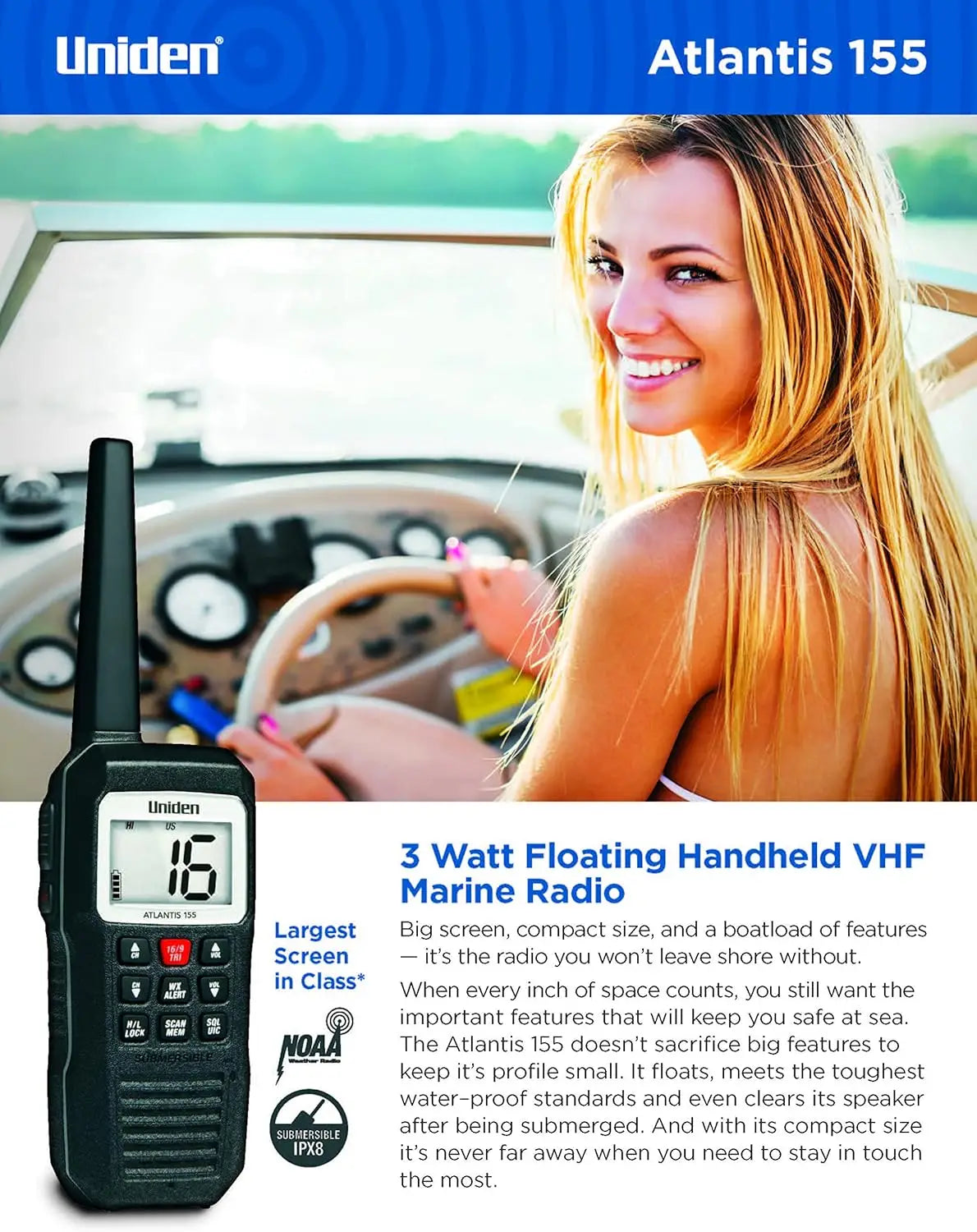 Floating Waterproof VHF Marine Radio with Dual-Color Screen, All Channels, NOAA Weather Alert, Long Battery Life
