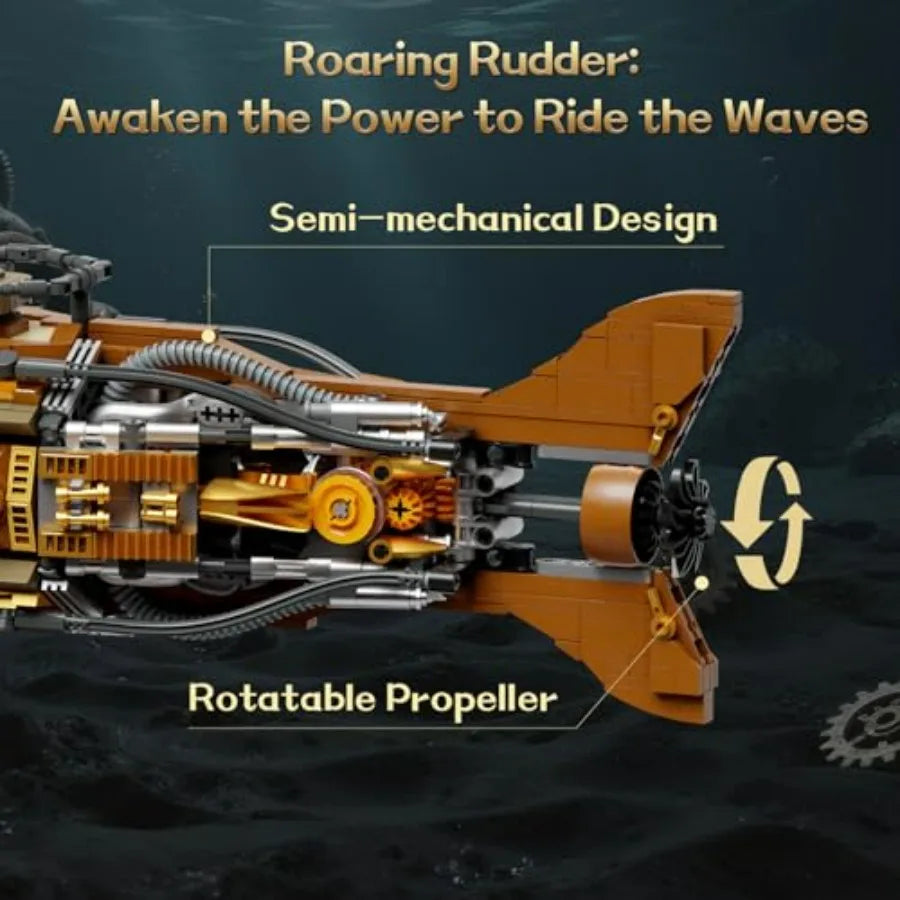 Steampunk Nautilus Submarine Building Set Modular 3-Section Design with Gear-Linked Propeller Mini Boat Undersea Adventure Scen