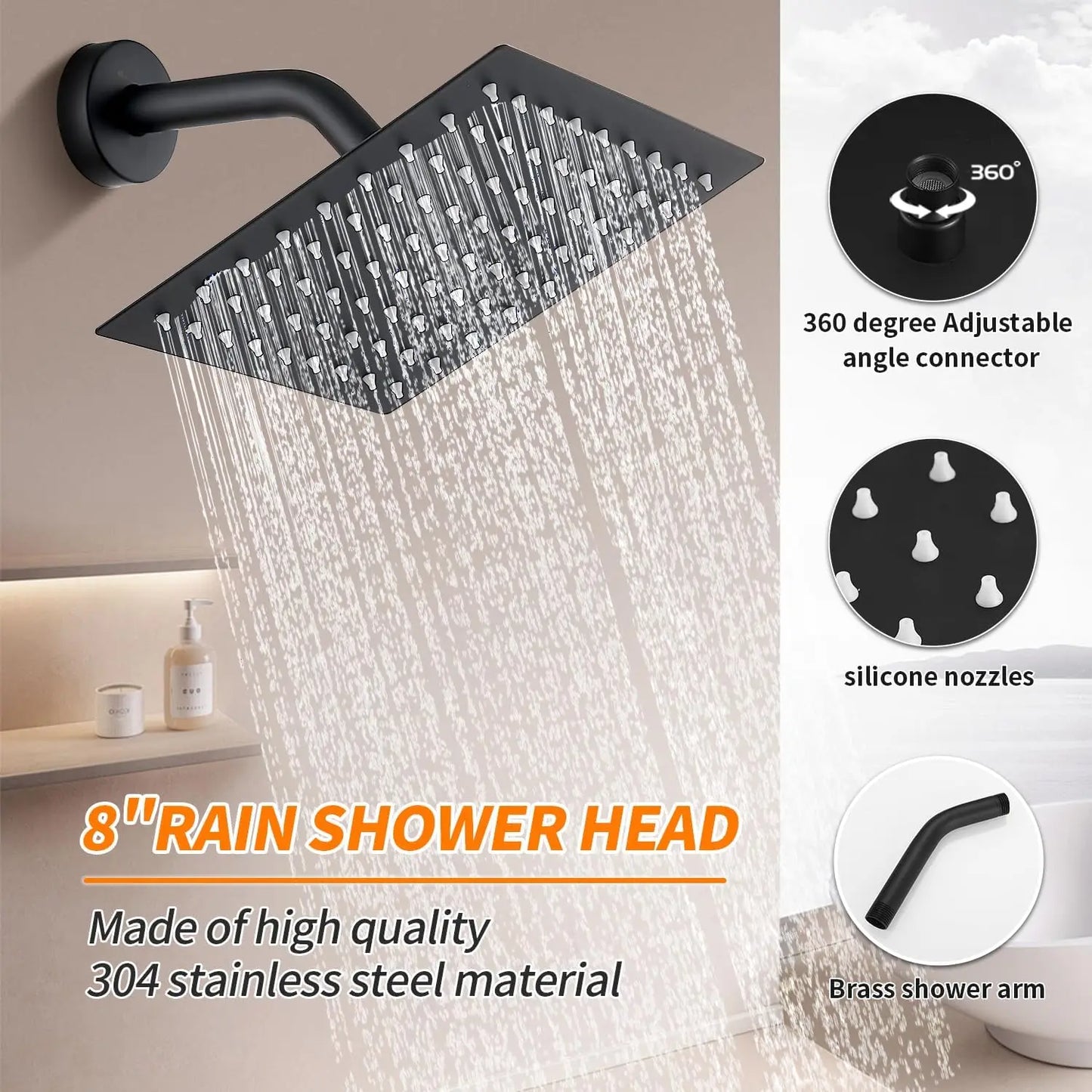 Matte Black Tub Shower Faucet Set with 8-Inch Rainfall Head, Spout, and Trim Kit