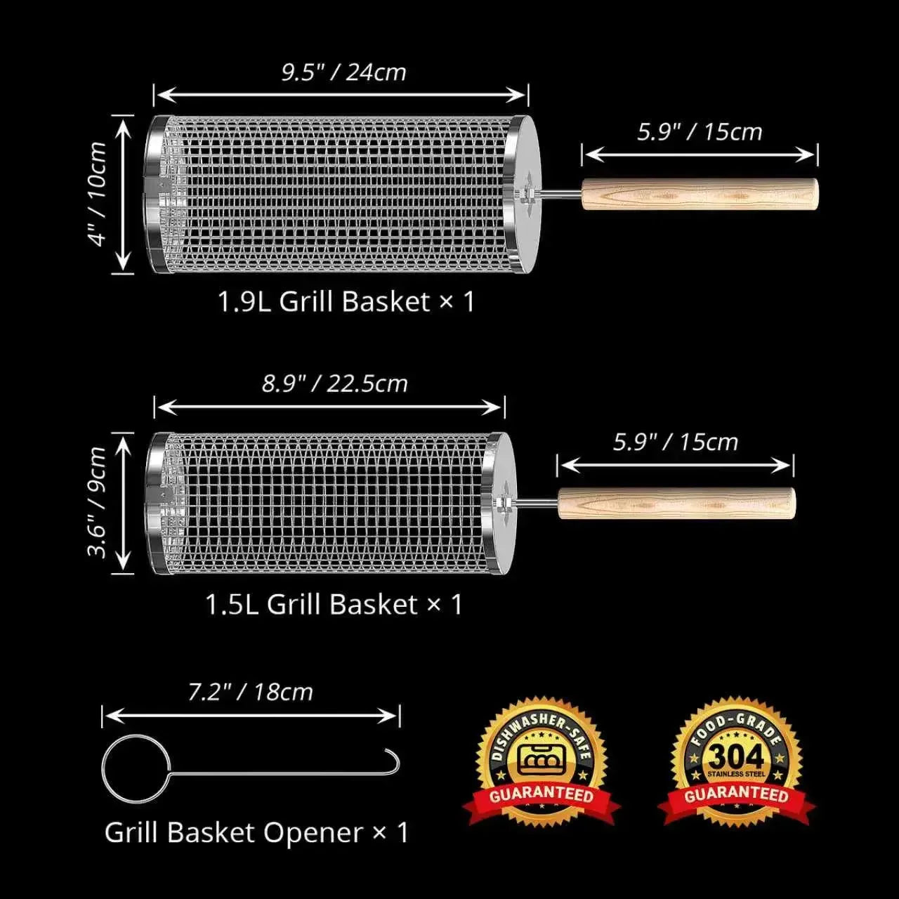 ivtivfu Rolling Grill Baskets 2PCS with Removable Wooden Handles Nesting Design 304 Stainless Steel BBQ Accessories for Vegetables Shrimp Outdoor Camping Kitchen Birthday Gifts for Men Dad Husband - Food