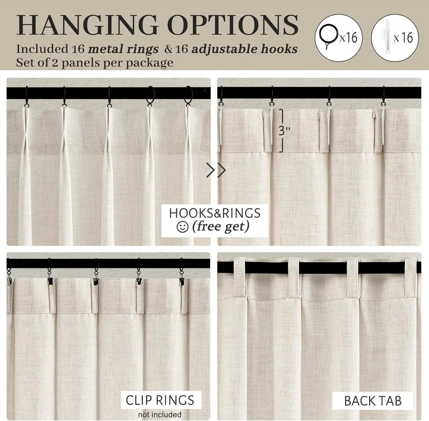 Pinch Pleated Linen Curtains 96 Inches Long, Light Filtering Boho Drape for Living Room Bedroom with Hooks & Rings