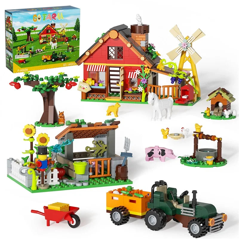 649PCS Creative Windmill Farm Building Blocks with Agricultural Car Animals Trees Plants Brick Accessories Puzzle Kids Toys Gift