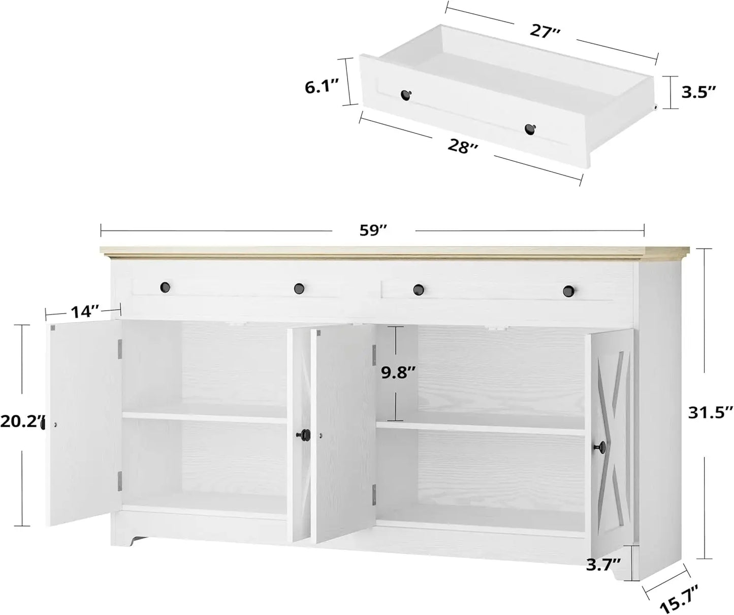 IRONCK Buffet Cabinet with Storage, Sideboard Storage Cabinet,  Natural Wood, Kitchen Cabinet with Drawers & Doors, White