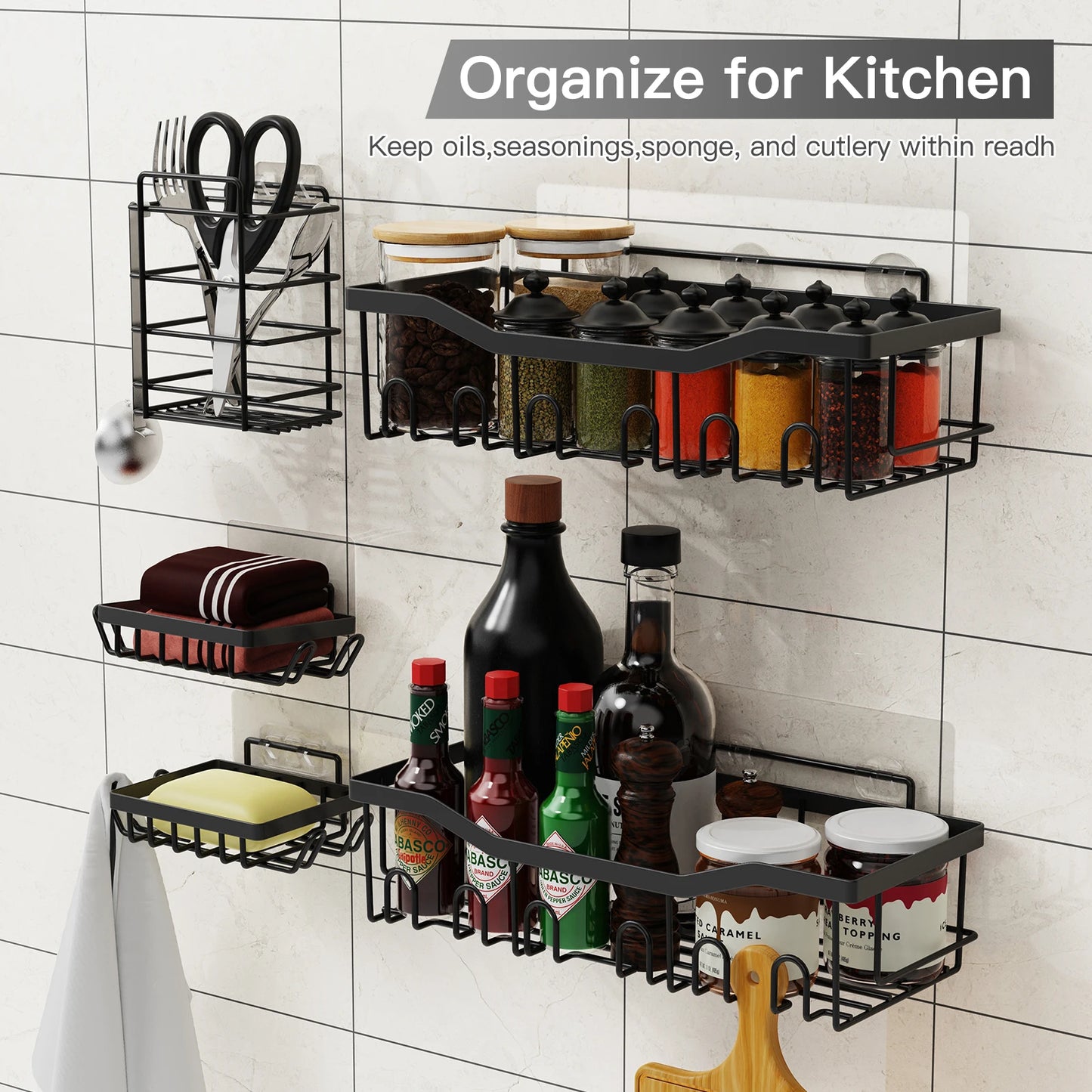 6pcs Stainless Steel Bathroom Kitchen Shelves No Drill Wall Mounted Toilet Organizer Bathroom Kitchen Accessories