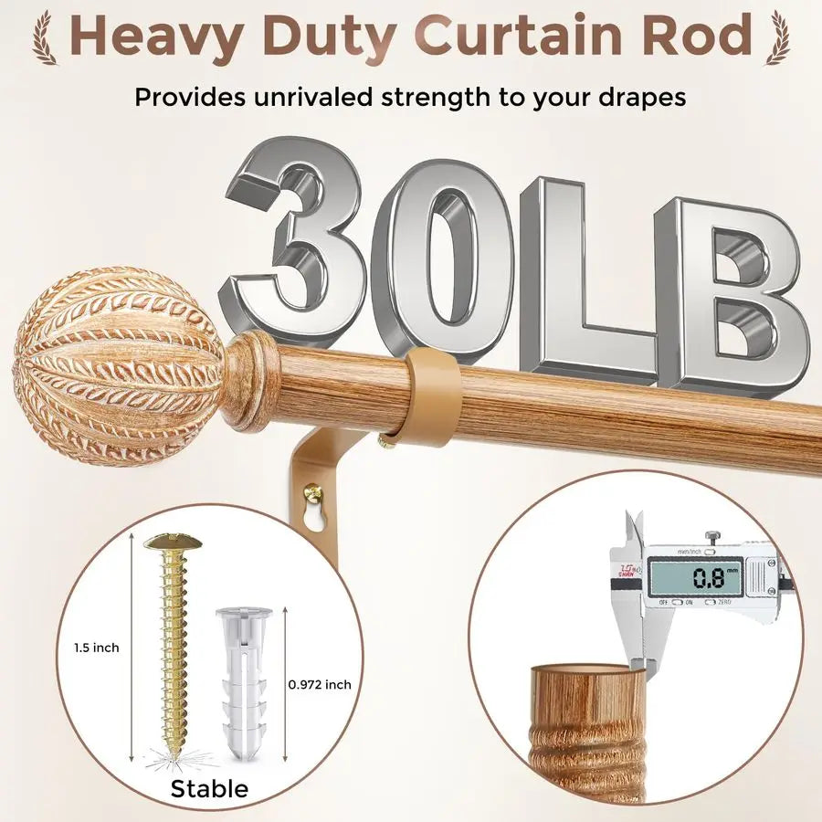 Curtain Rod for Windows 66 to 120 Inch, 1 Diameter Adjustable Heavy Duty Rustic Farmhouse Drapery Rods with Boho Imitation Woode