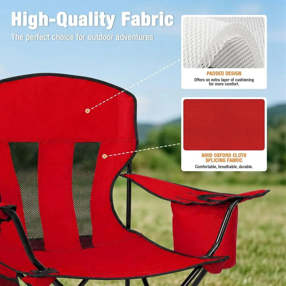 Portable Folding Chairs with 4-Can Cooler and Cup Holder, Heavy Duty Outdoor, Beach, Lawn, Fishing, Red