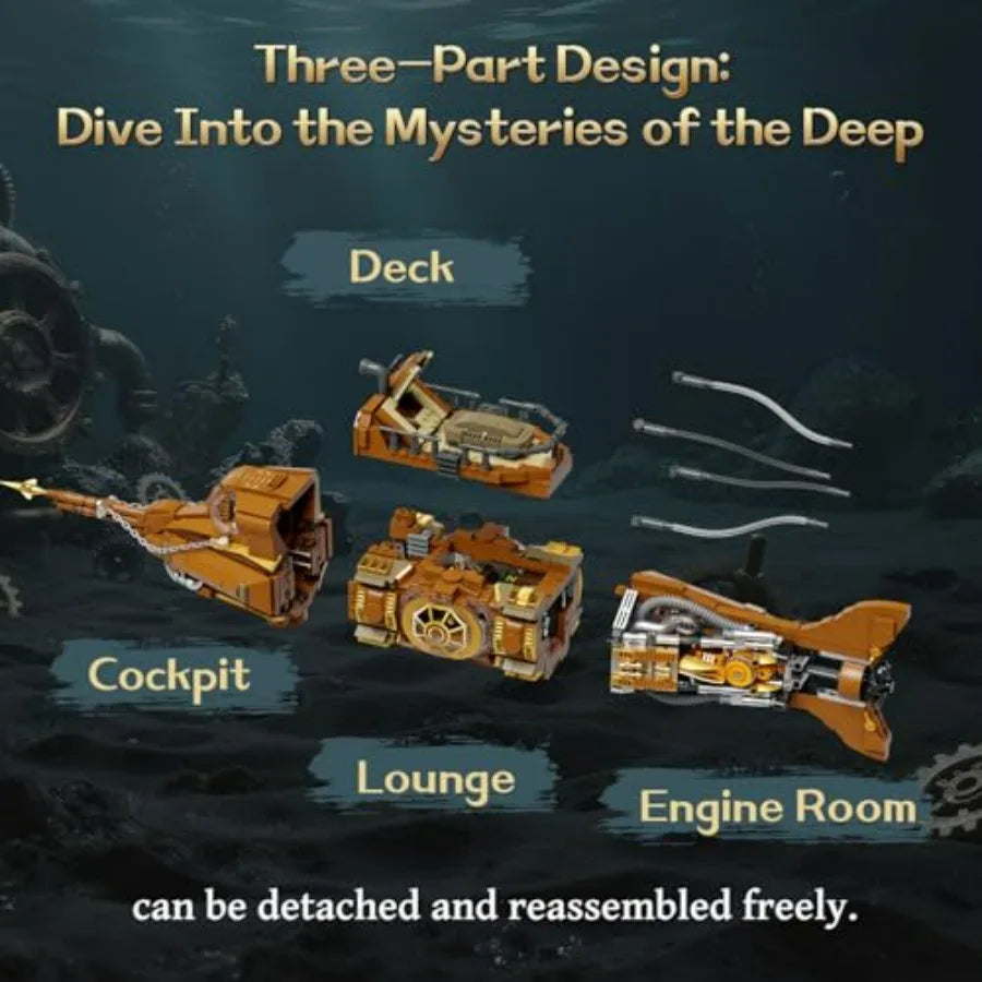 Steampunk Nautilus Submarine Building Set Modular 3-Section Design with Gear-Linked Propeller Mini Boat Undersea Adventure Scen