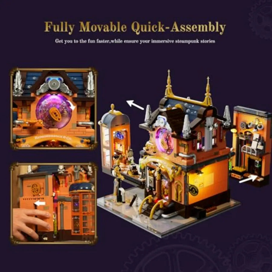 Steampunk Memory Magic Shop Lighting Building Bricks Set 2056 Pcs Modular Display Kit for Adults and Steampunk Lovers in Bronze