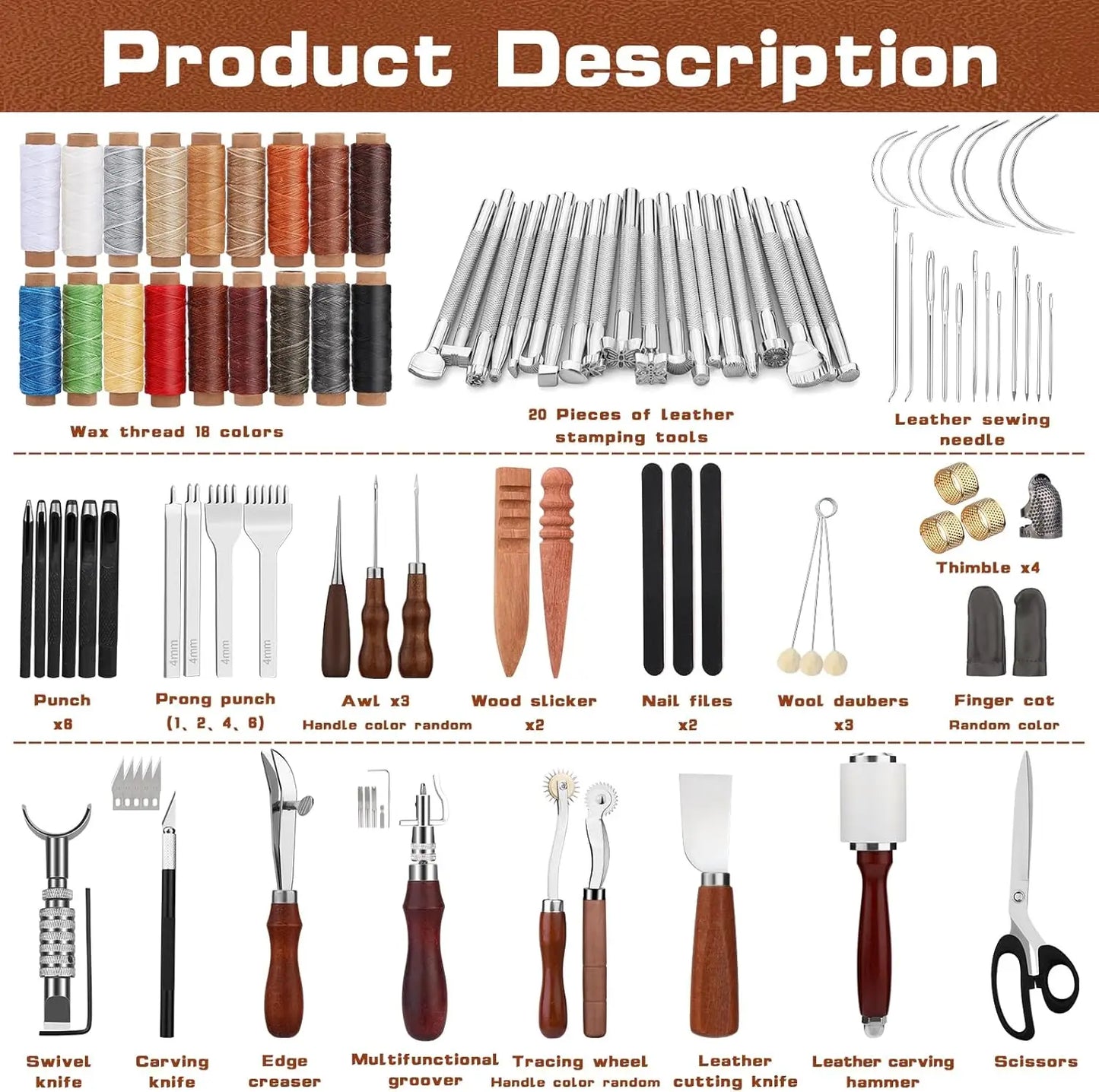 Leather Crafting Tool Kit with Storage Bag for DIY Sewing Carving Punching Stamping, Essential Supplies