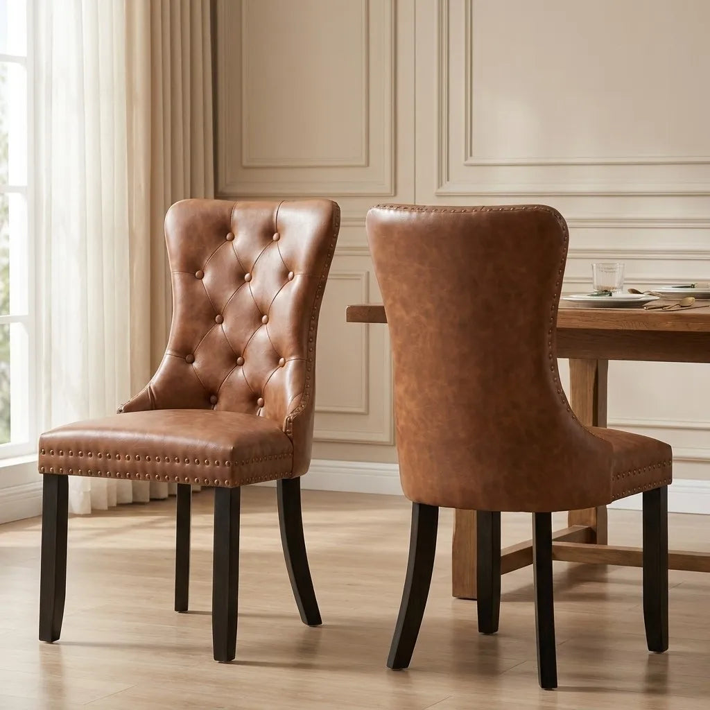 Set of 2 Tufted Faux Leather Dining Chairs with Nailhead Trim, Upholstered Side Chairs