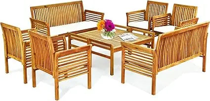 4 Piece Patio Conversation Sets, Acacia Padded Outside Furniture w/Removable & Washable Cushions, Slatted Design, Patio Furnitur