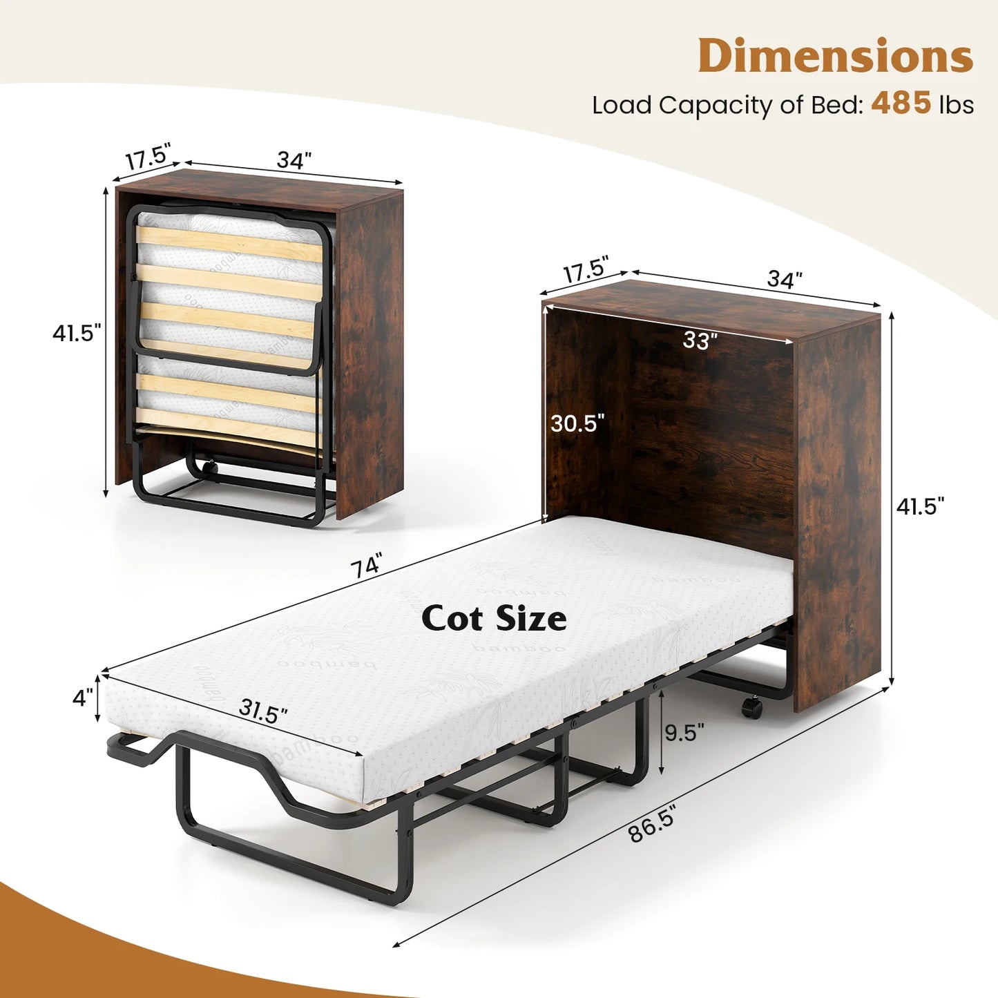 Cot Size Murphy Bed with Storage Rolling Murphy Cabinet with Foldable Bed