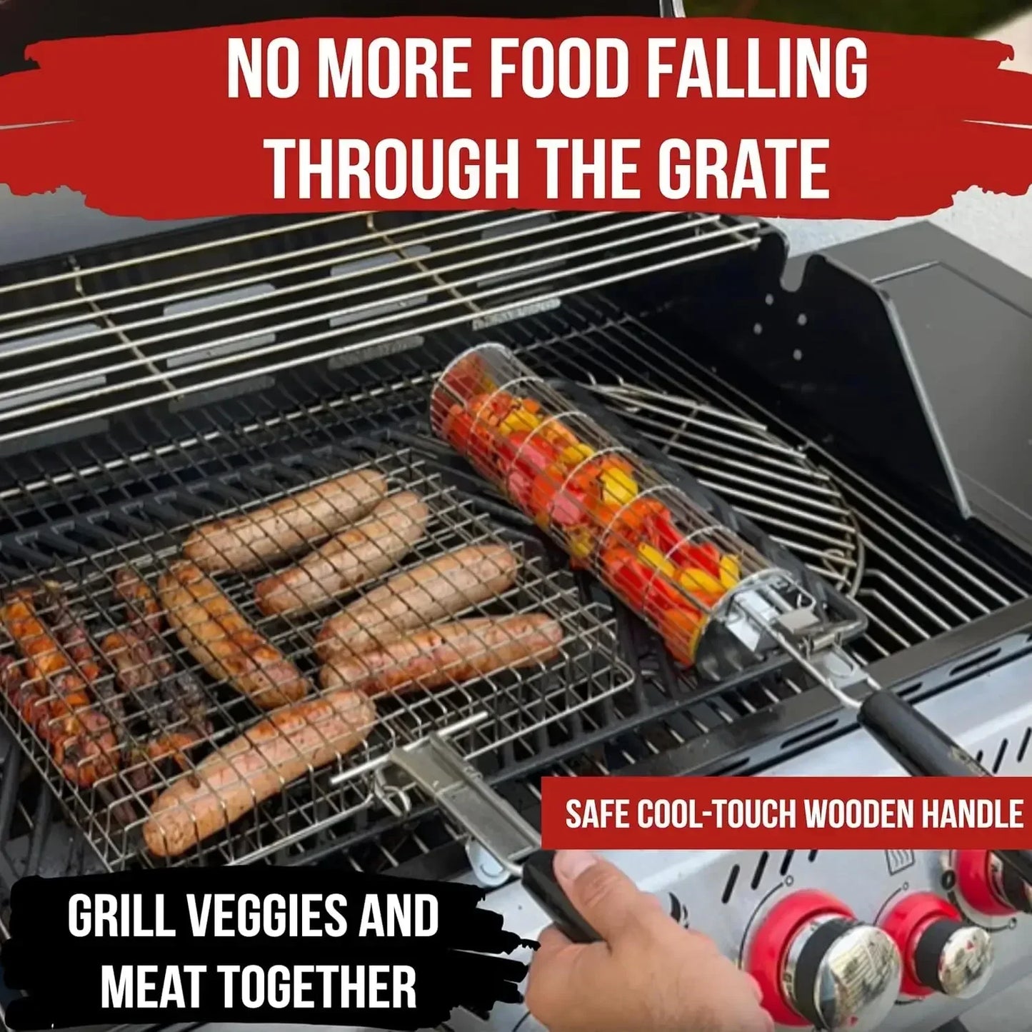 2-in-1 BBQ Grill Basket Set - Stainless Steel 304 for Meat, Fish, Vegetables - Removable Wooden Handle, Outdoor Camping & Tailgating
