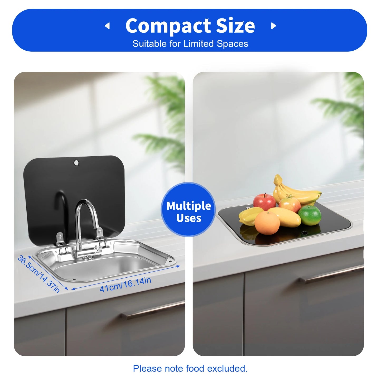 RV Sink with Foldable Tempered Glass Cover&Faucet,Stainless Steel Kitchen Sink Wash Basin Multifunctional Console for Camper Van