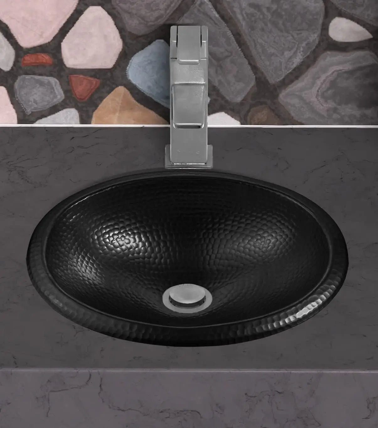 17-Inch Oval Drop In Bathroom Sink, Top Mount Hand Hammered Matte Black Vanity Sink for Countertop, Powder Room or Restroom