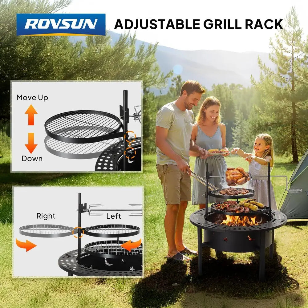 Upgrated 33 Outdoor Fire Pit with 2 Grills, Grill with Side Shelves, Wood Burning Round Firepit with Swivel Cooking Grate, Remo