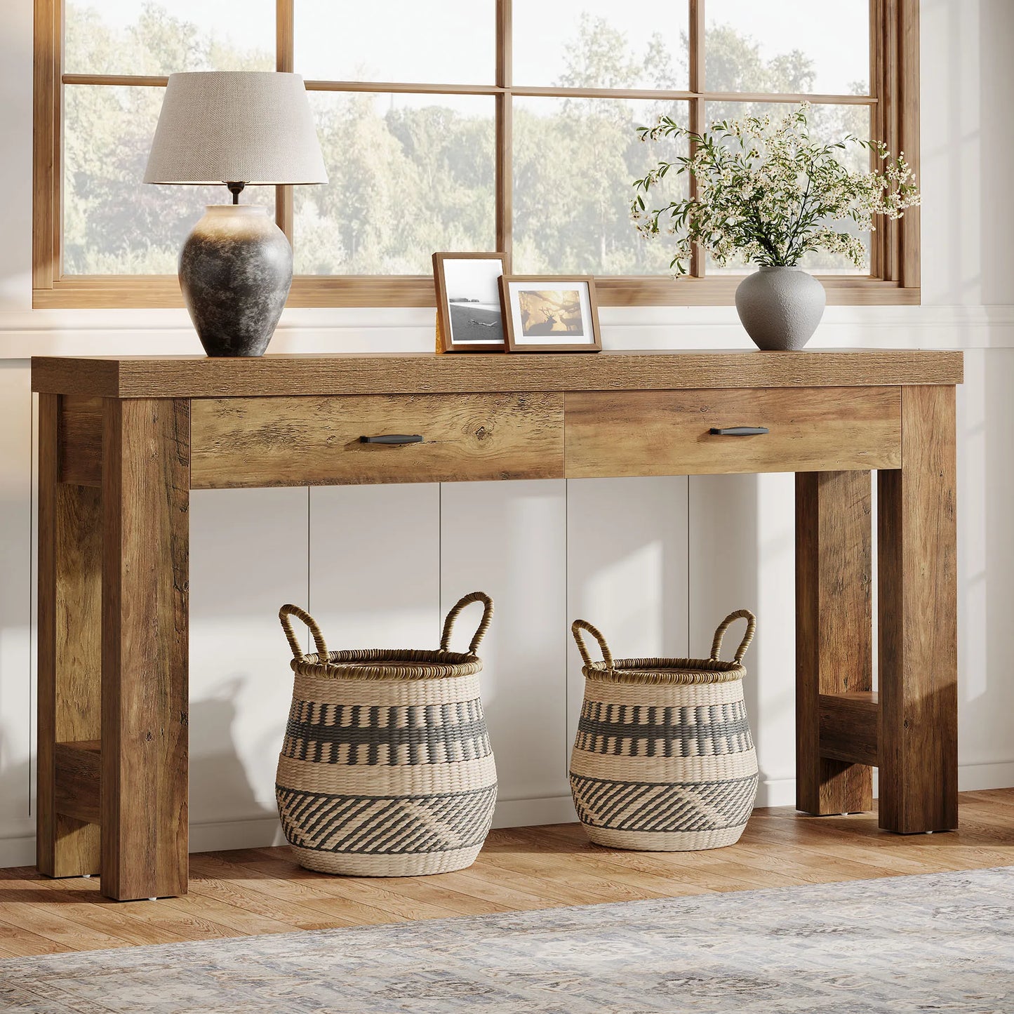 Tribesigns 63" Console Table with 2 Drawers, Farmhouse Entryway Table with H-Shaped Sturdy Legs for Hallway, Living Room, Brown
