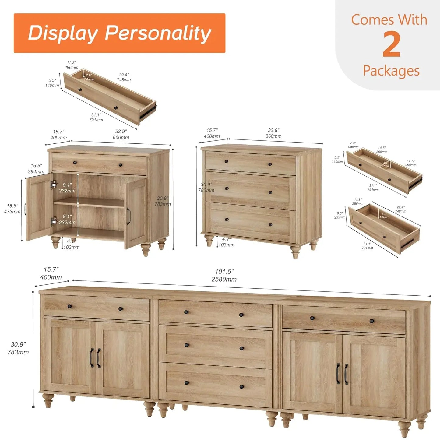 Sideboard Cabinet with 5 Drawers and 4 Doors, Vintage Wood Grain Design, Buffet Cabinet with Storage, Coffee Bar, Customized