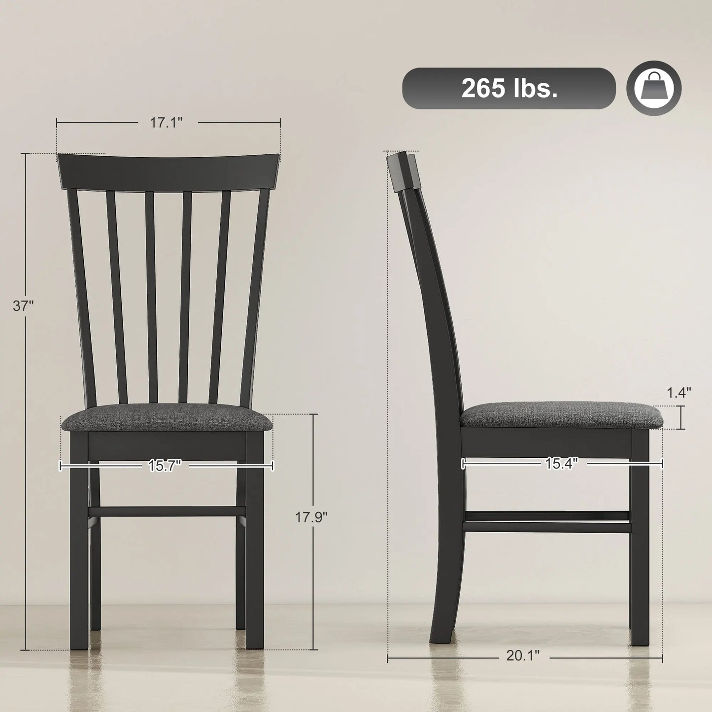 HOMCOM Wooden Dining Chairs Set, Farmhouse Upholstered Kitchen Chairs with Rubber Wood Frame for Living Room, Dining Room, Black and Gray, Set of 2