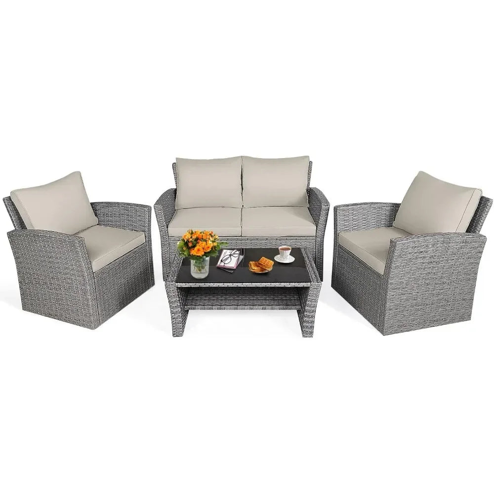 4 Pieces Patio Furniture Set, with Cushions & Tempered Glass Table,  for Backyard Garden Poolside, Wicker Conversation Couch Set