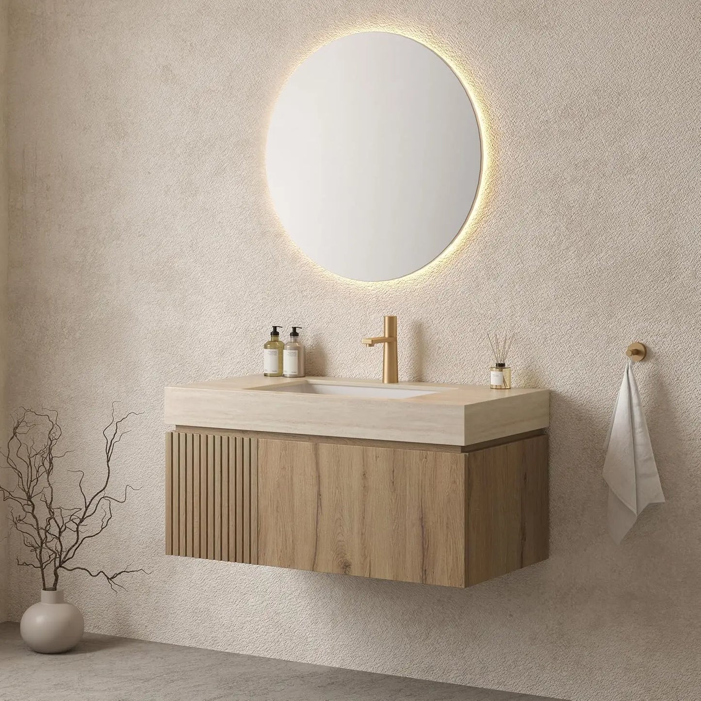 36in Wall Mounted Bathroom Vanity with Sink Ceramic Basin Travertine Countertop Storage Drawer Door Light Wood Customized