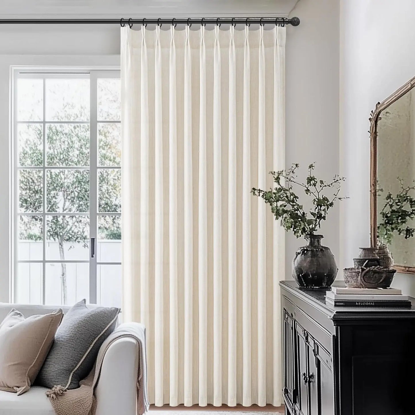 Pinch Pleated Linen Curtains 96 Inches Long, Light Filtering Boho Drape for Living Room Bedroom with Hooks & Rings