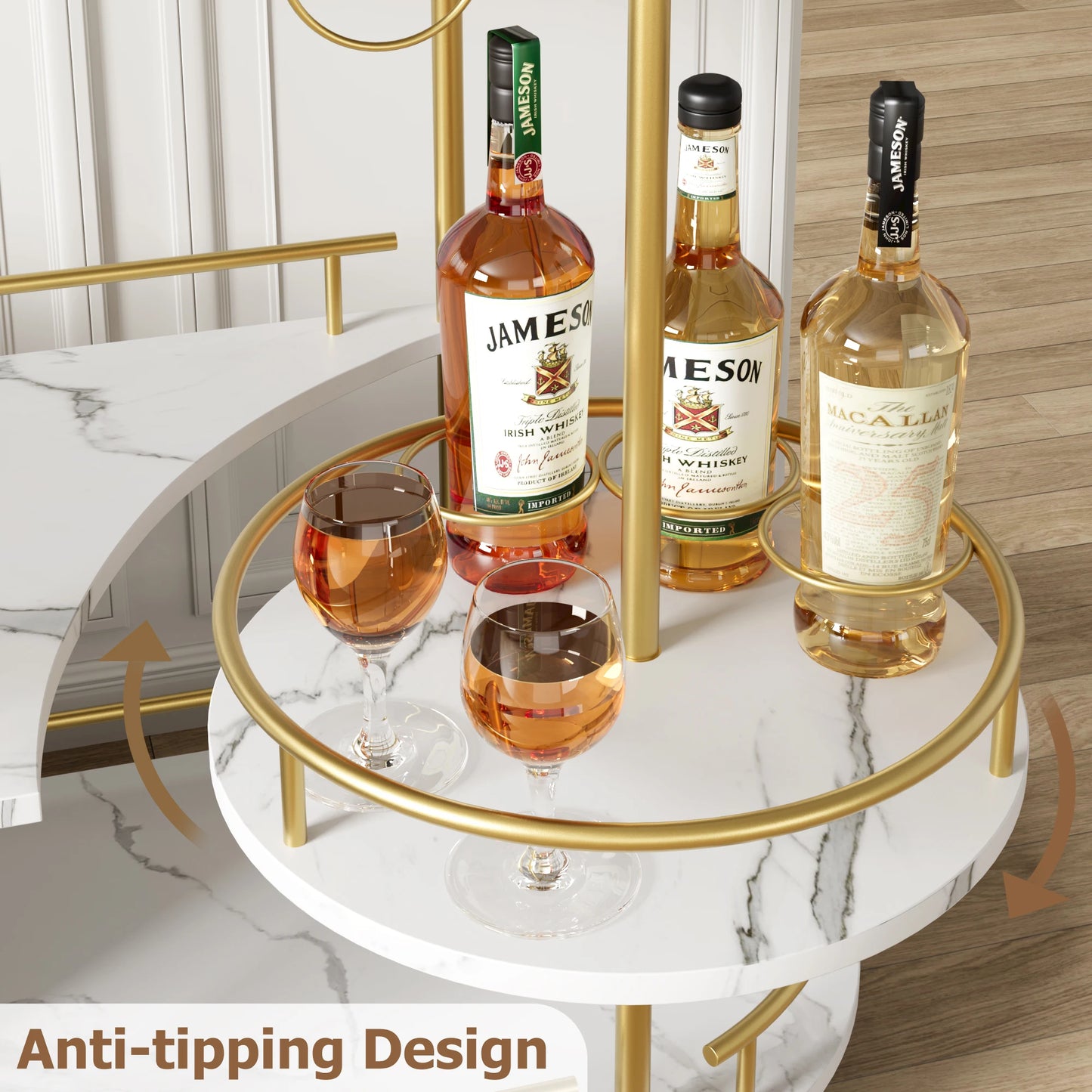 Gold Bar Carts with 4-Tiers Storage Shelves Mobile Bar Seving Carts On Wheels with Wine Rack and Glass Holder for Kitchen
