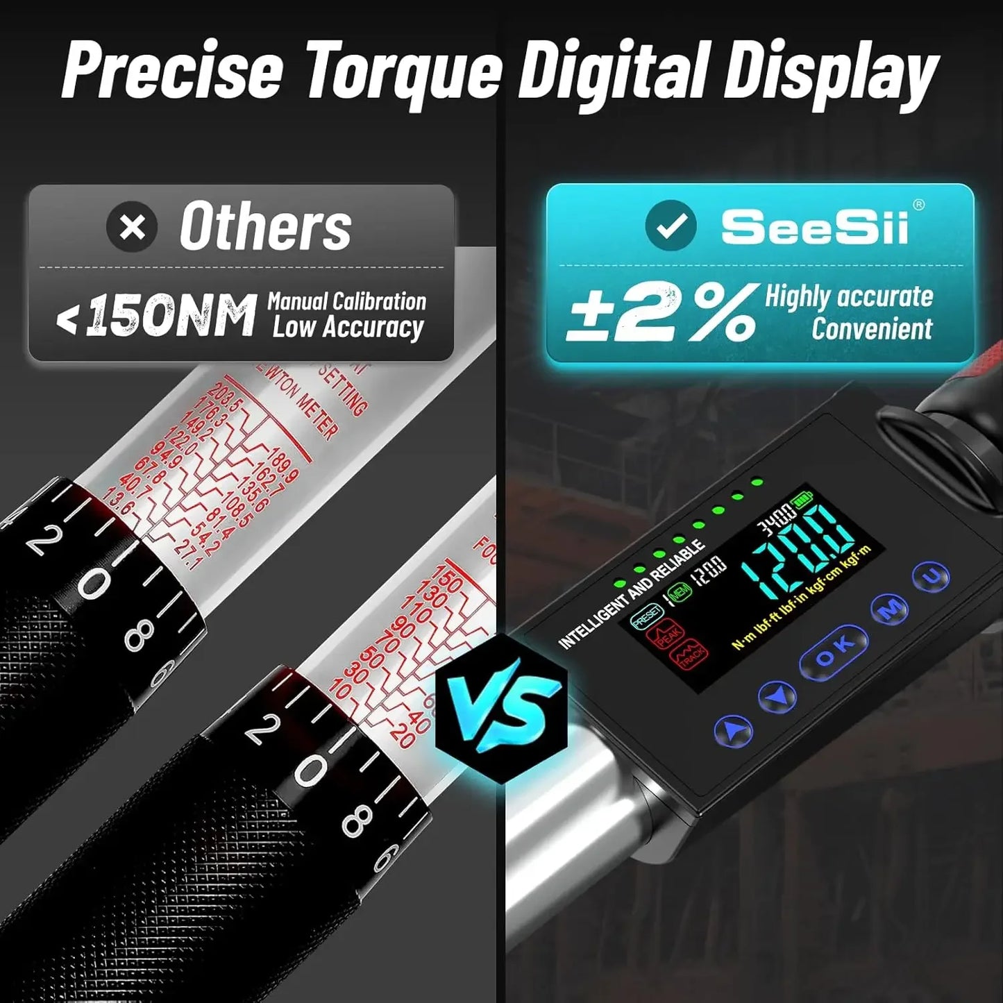 Seesii 1/2"Digital Torque Wrench 340Nm Electric Wrench 2%Accuracy long Wrench w/LED light 3 Adjustable Modes for car Motorcycle