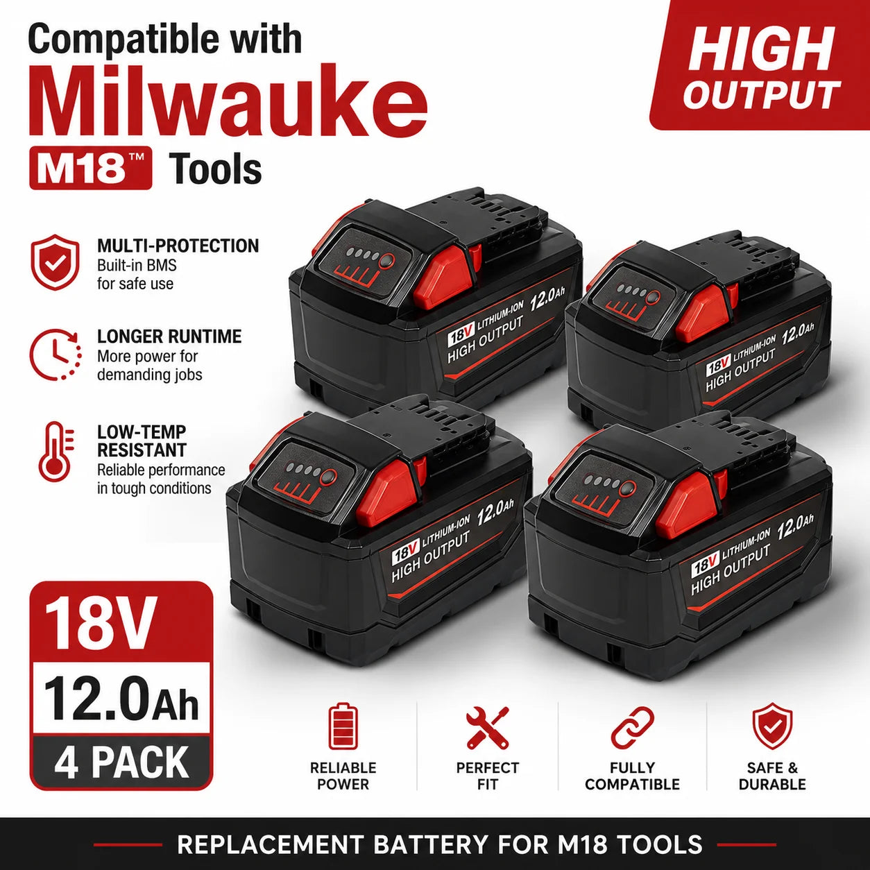 12.0Ah 18V Battery Replacement for Milwaukee M18 Tools, Compatible with 48-11-1850 48-11-1890, High Capacity Li-ion Battery