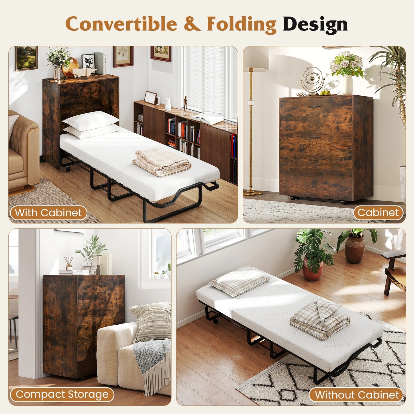 Cot Size Murphy Bed with Storage Rolling Murphy Cabinet with Foldable Bed
