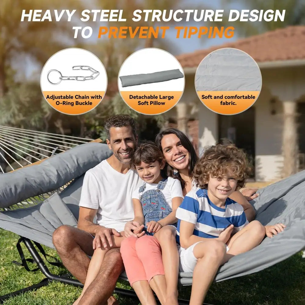 2 Person Outdoor Hammock with Stand, Cotton Rope Hammock with Polyester Pad, Adjustable Steel Frame, Portable with Carrying Bag