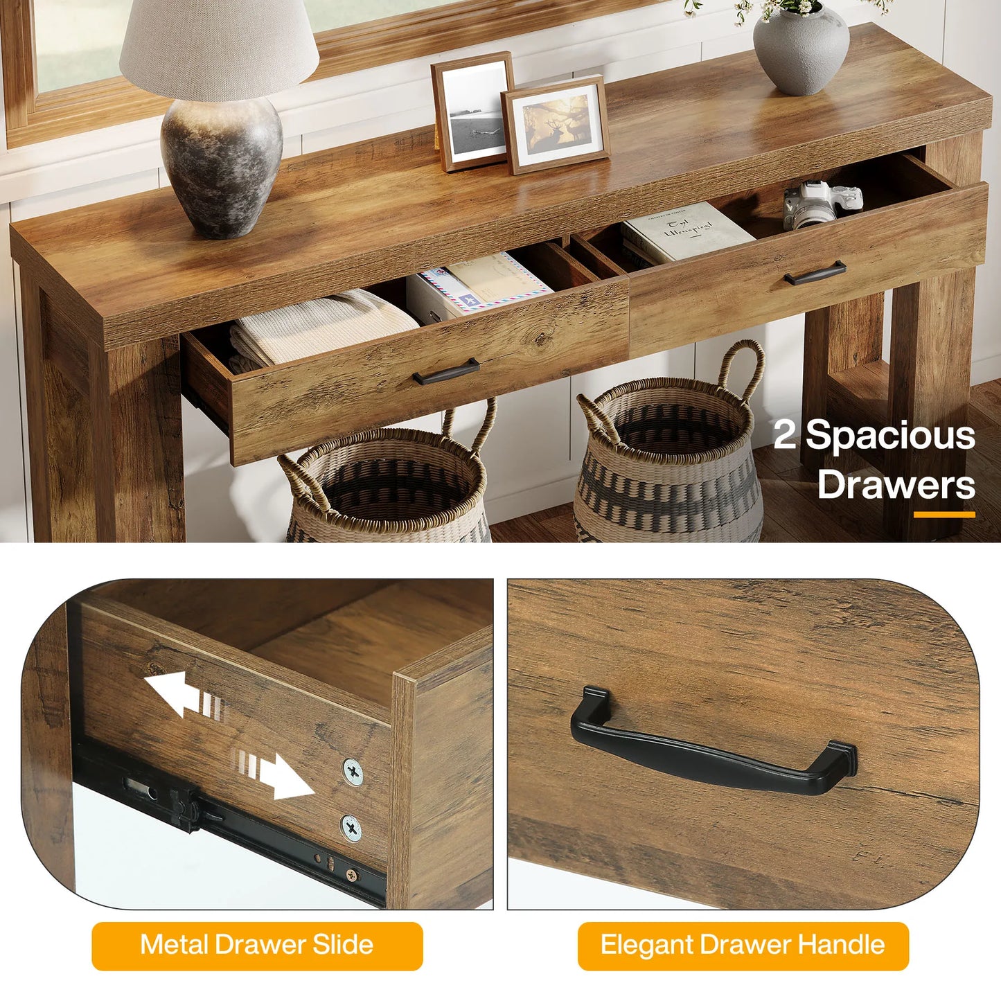 Tribesigns 63" Console Table with 2 Drawers, Farmhouse Entryway Table with H-Shaped Sturdy Legs for Hallway, Living Room, Brown