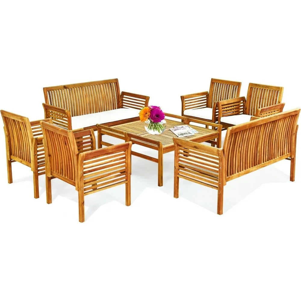 4 Piece Patio Conversation Sets, Acacia Padded Outside Furniture w/Removable & Washable Cushions, Slatted Design, Patio Furnitur