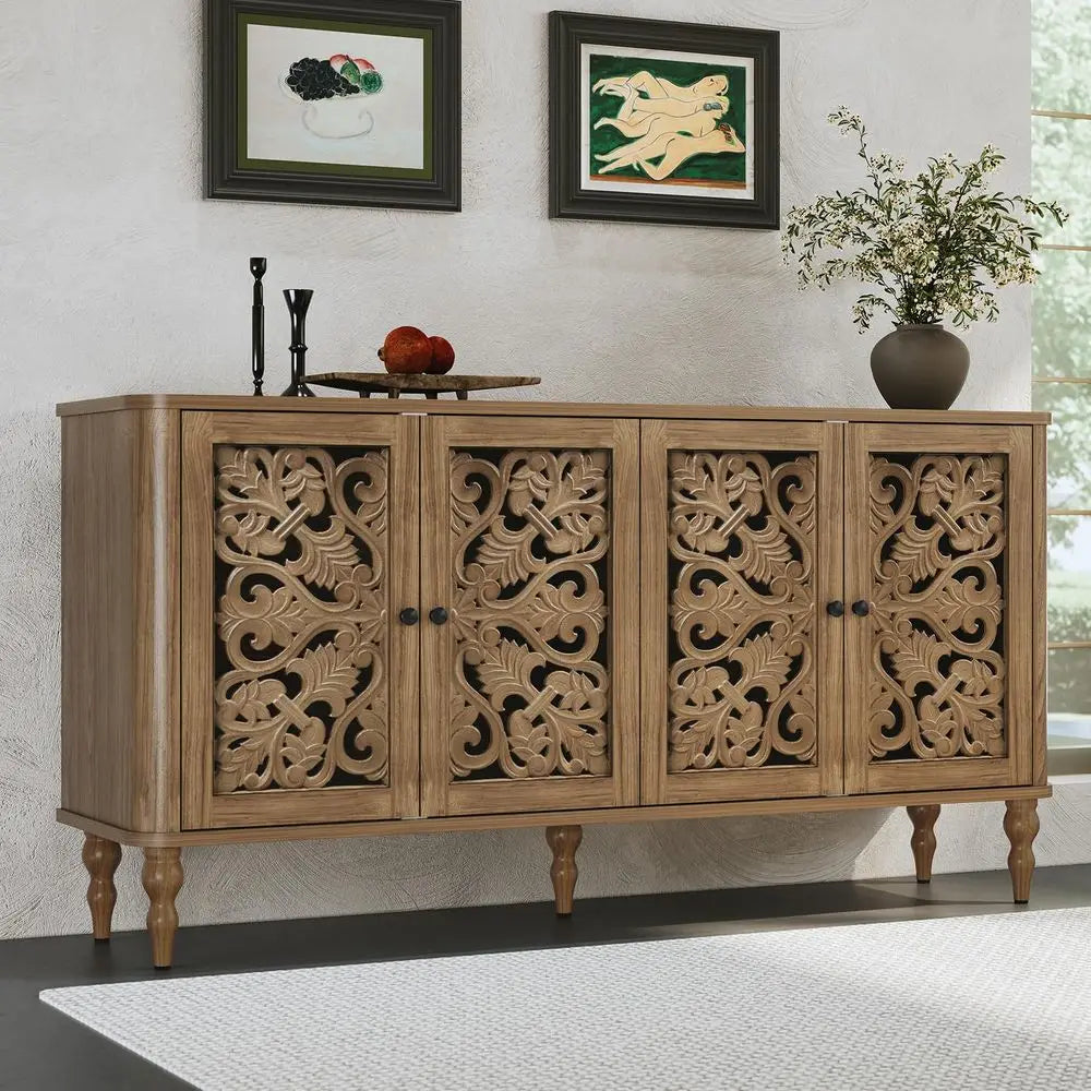 63 Retro Arc Carved Sideboard Buffet Cabinet, 4 Craft Doors Wooden Accent Credenza for Living Room, Dining Room, Entryway, Hall