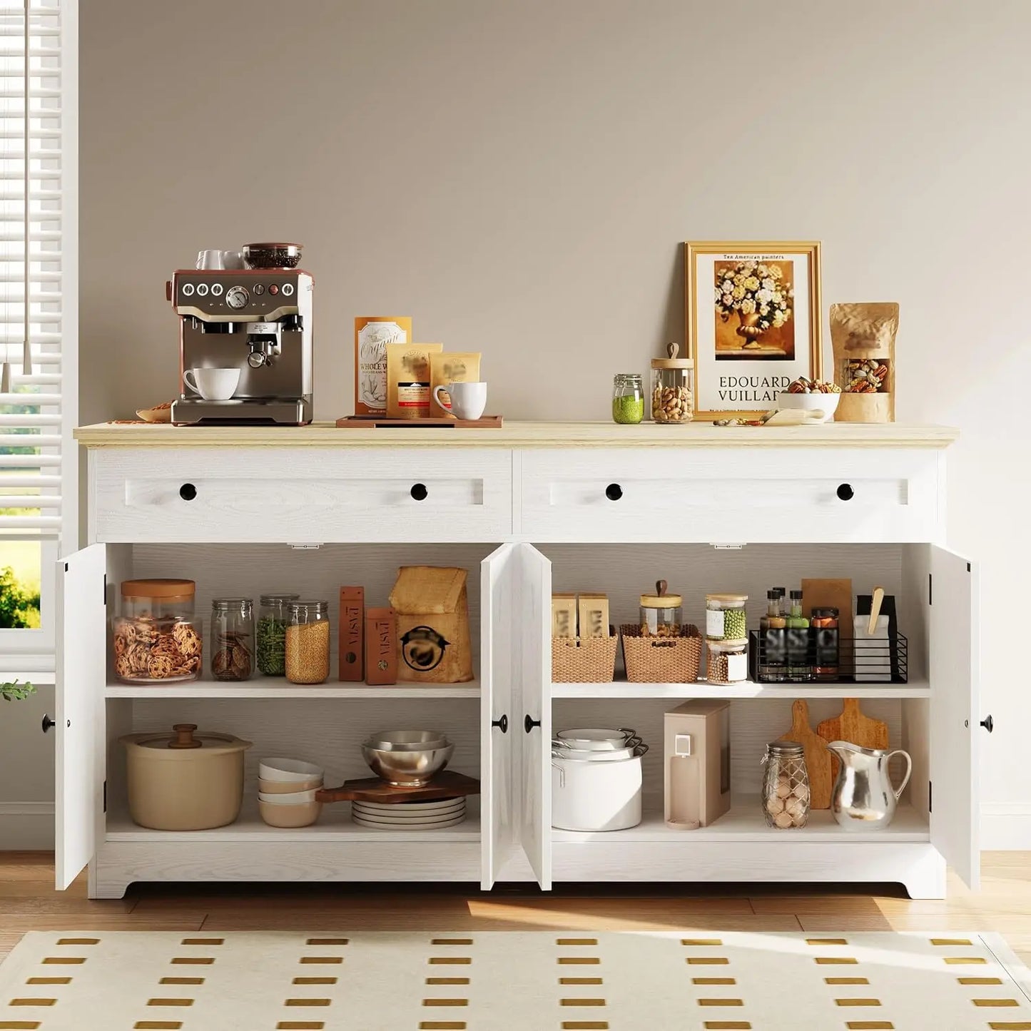 IRONCK Buffet Cabinet with Storage, Sideboard Storage Cabinet,  Natural Wood, Kitchen Cabinet with Drawers & Doors, White