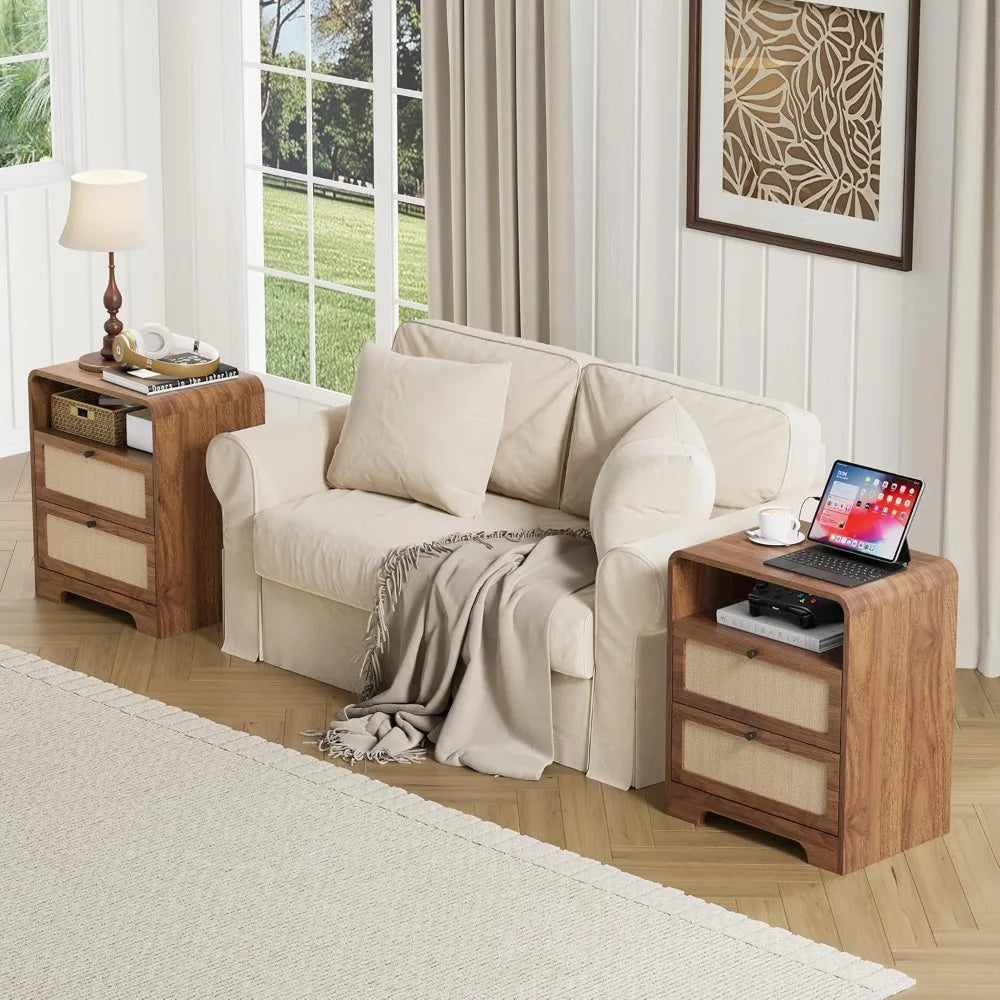 Set of 2 Night Stand with Charging Station, 19.7" Wooden Side Table Curved Nightstands with 2 Drawers & USB/Type-C, Customized