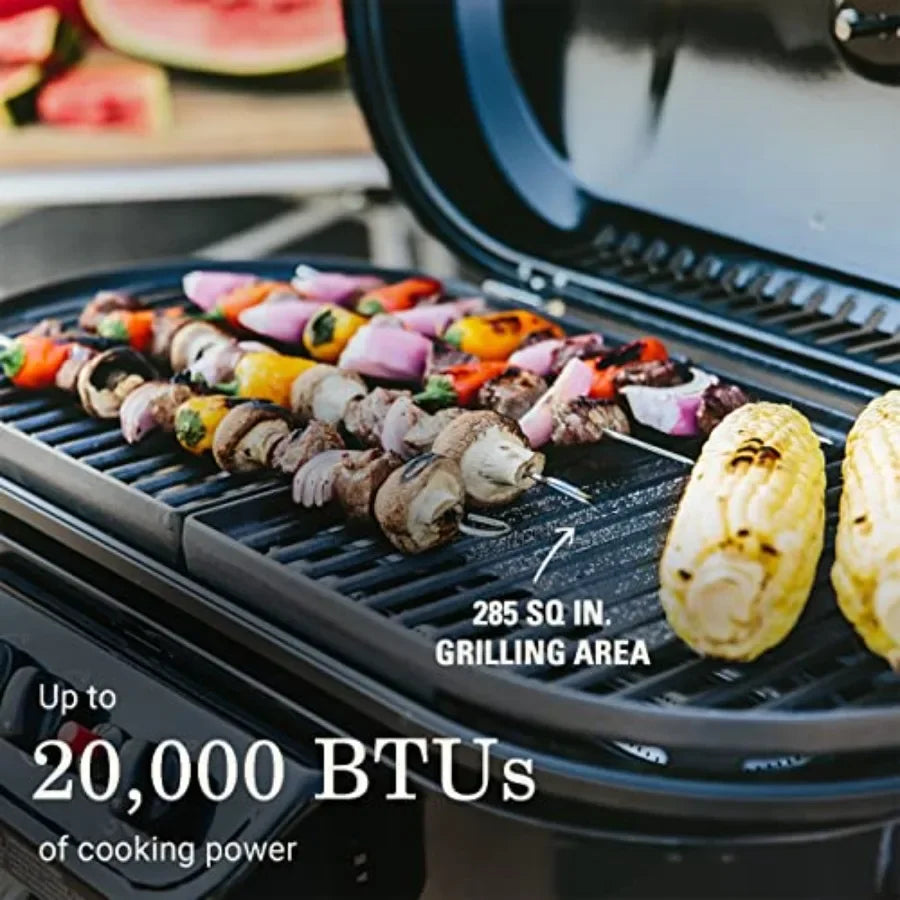RoadTrip 285 Portable Stand-Up Propane Grill for outdoor cooking, camping, tailgating; stainless steel, black; 3 adjustable bur