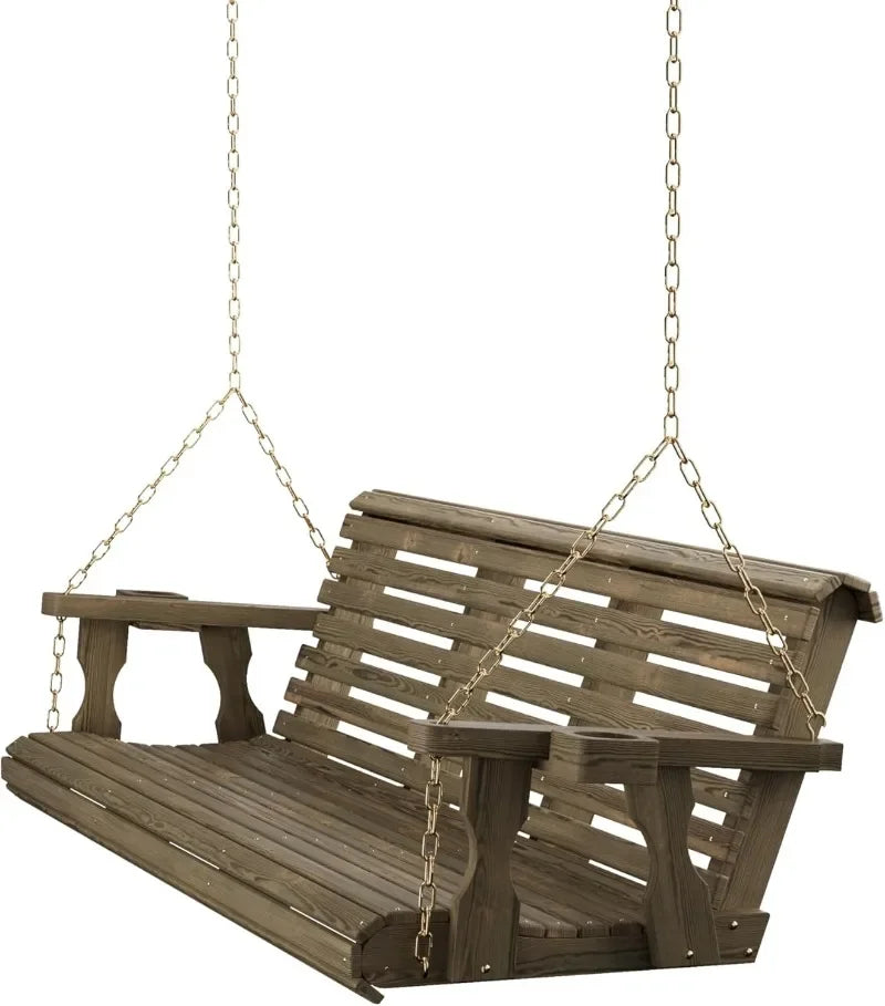 Amish Casual Heavy Duty 700 Lb Capacity Porch Swing with Cup Holders (4 Foot, Cedar Stain) – Wooden Outdoor Roll Back Swing
