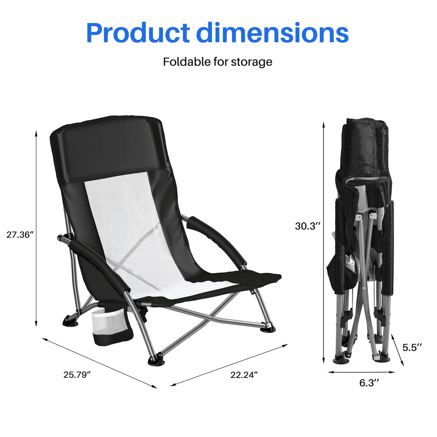 JHK Portable Lightweight Low Camping Beach Chair Mesh Back Padded Armrests Folding Beach Chair with Cup Holder Storage Pocket for Camp Picnic Lawn