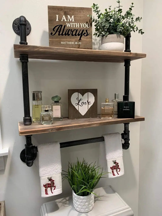 Industrial Pipe Shelf Wall Mounted 2 Tier Rustic Wood Towel Rack Over Toilet Floating Shelves Bathroom Storage