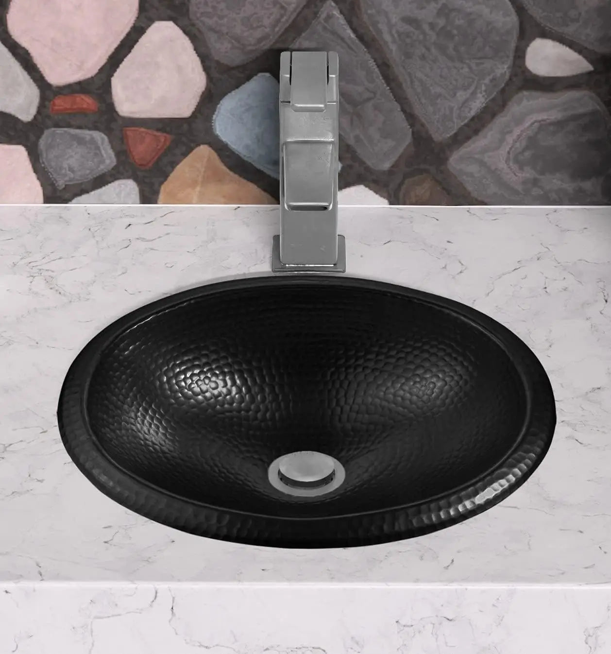 17-Inch Oval Drop In Bathroom Sink, Top Mount Hand Hammered Matte Black Vanity Sink for Countertop, Powder Room or Restroom