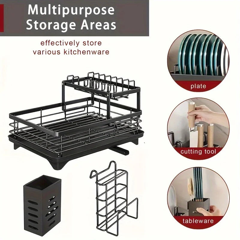 2-Tier Expandable Dish Drying Rack, Metal Kitchen Dish Rack and Drainboard Set with Knife Fork Holder & Cutting Board Organizer for Countertop