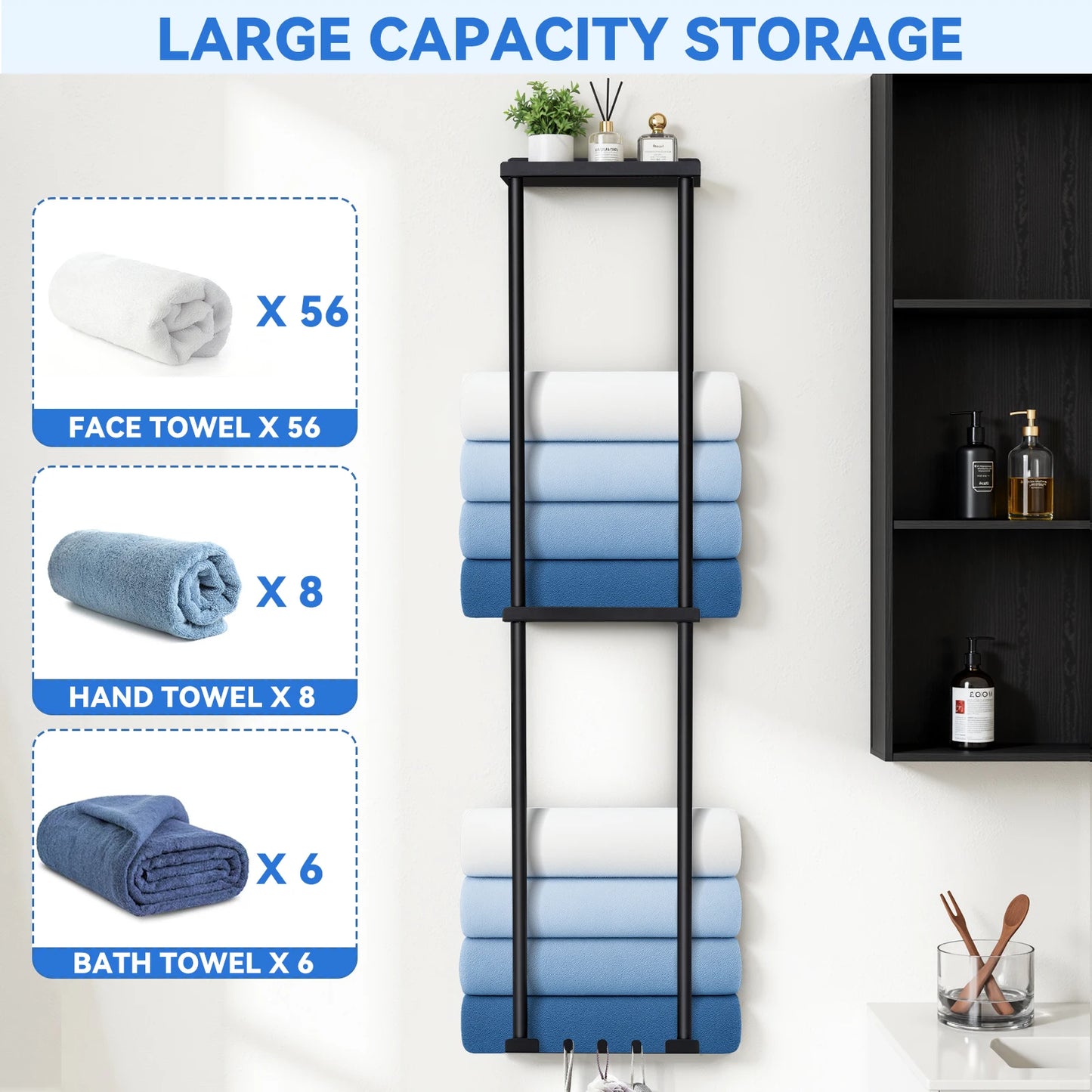 Towel Racks for Bathroom 3 Tier Towel Holder with Shelf & 6 Hooks Wall Mounted Vertical Rolled Towel Storage Organizer Hoder