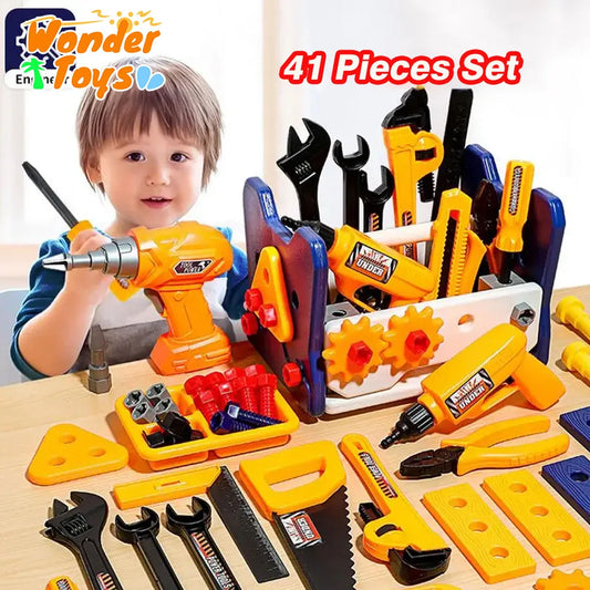 41Pieces Set with Electric Drill Children Repair Tool Kit Box Screw Hammer Play House Puzzle Educational Toys for Boys Girls