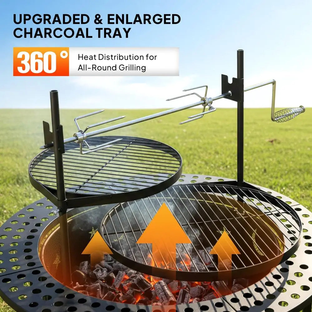 Upgrated 33 Outdoor Fire Pit with 2 Grills, Grill with Side Shelves, Wood Burning Round Firepit with Swivel Cooking Grate, Remo