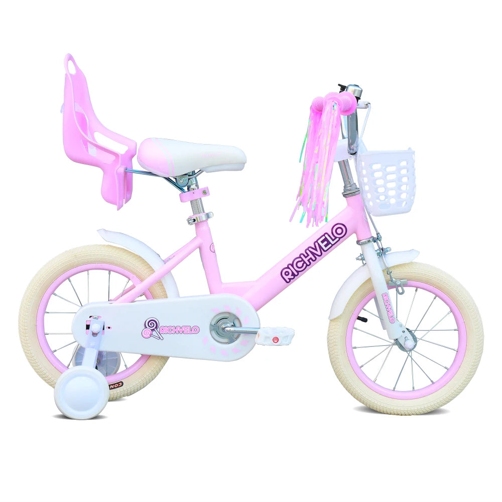 Kids Bike for Girls 12 14 16 Inch with Training Wheels, Adjustable Seat, Front Basket, Doll Seat & Colorful Streamers, Toddler Bicycle for 2-7 Years Old, Red Kids' Bikes for Birthday Gift