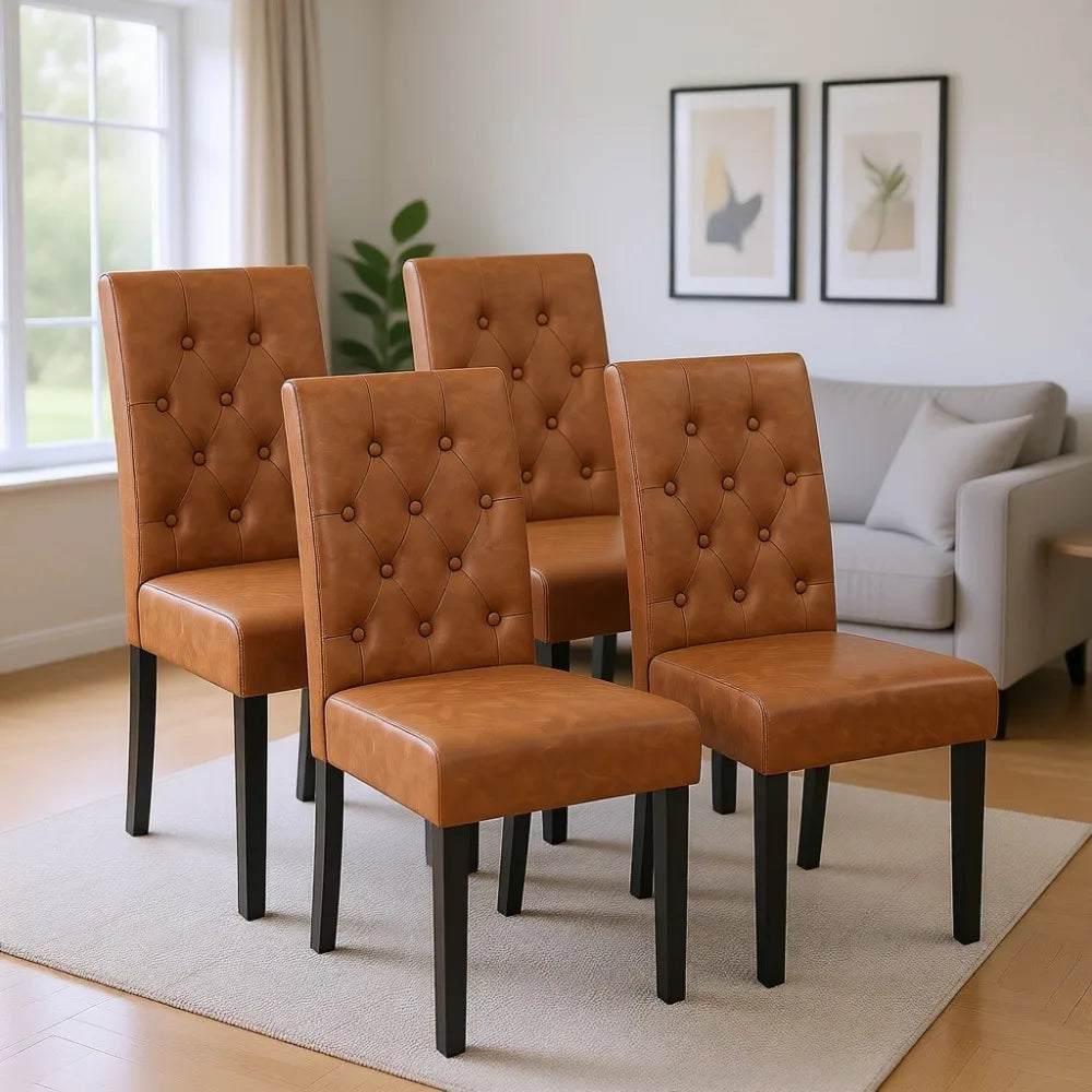 Set of 4 Modern Faux Leather Dining Chairs with Solid Wood Legs and Button Tufted Padding for Home Kitchen, Retro Brown