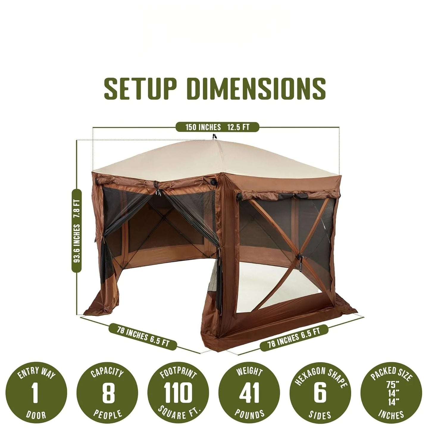 Pop Up Screen Tent, Large Outdoor Camping Gazebo Canopy, Pavilion, 12.5', Brown - Foldable and Portable Screened, Customized