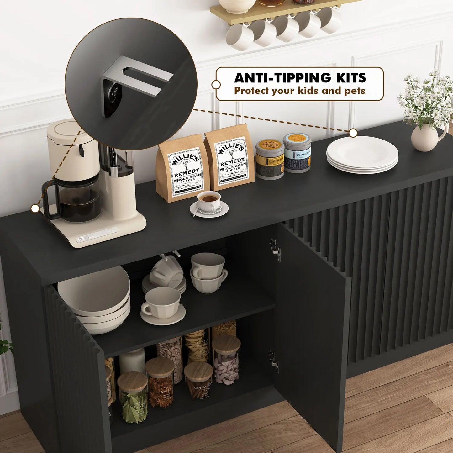 63‘’Fluted Sideboard with Storage 4 Doors & Adjustable Shelves Buffet Cabinet Large Modern Credenza Accent Console Cabinets